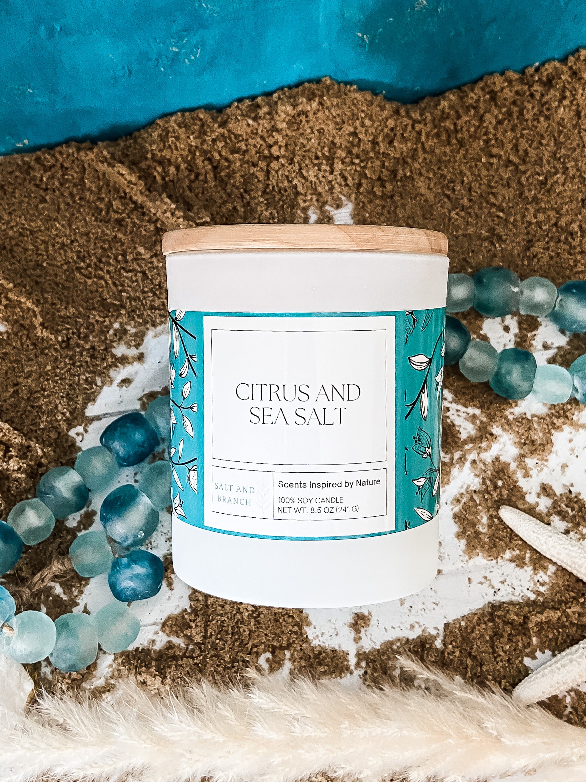 Beachy Sea Salt Soy Wax Candle Scent: Orange Peel, Sea Salt, and Palm 