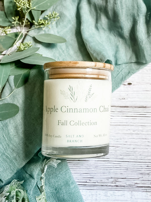 Apple Cinnamon Chai Soy Candle glass jar wood lid