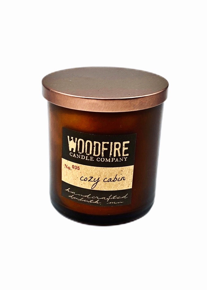 Woodfire Candle Company Cozy Cabin Whiskey Soy Wood Wick Candle amber glass jar