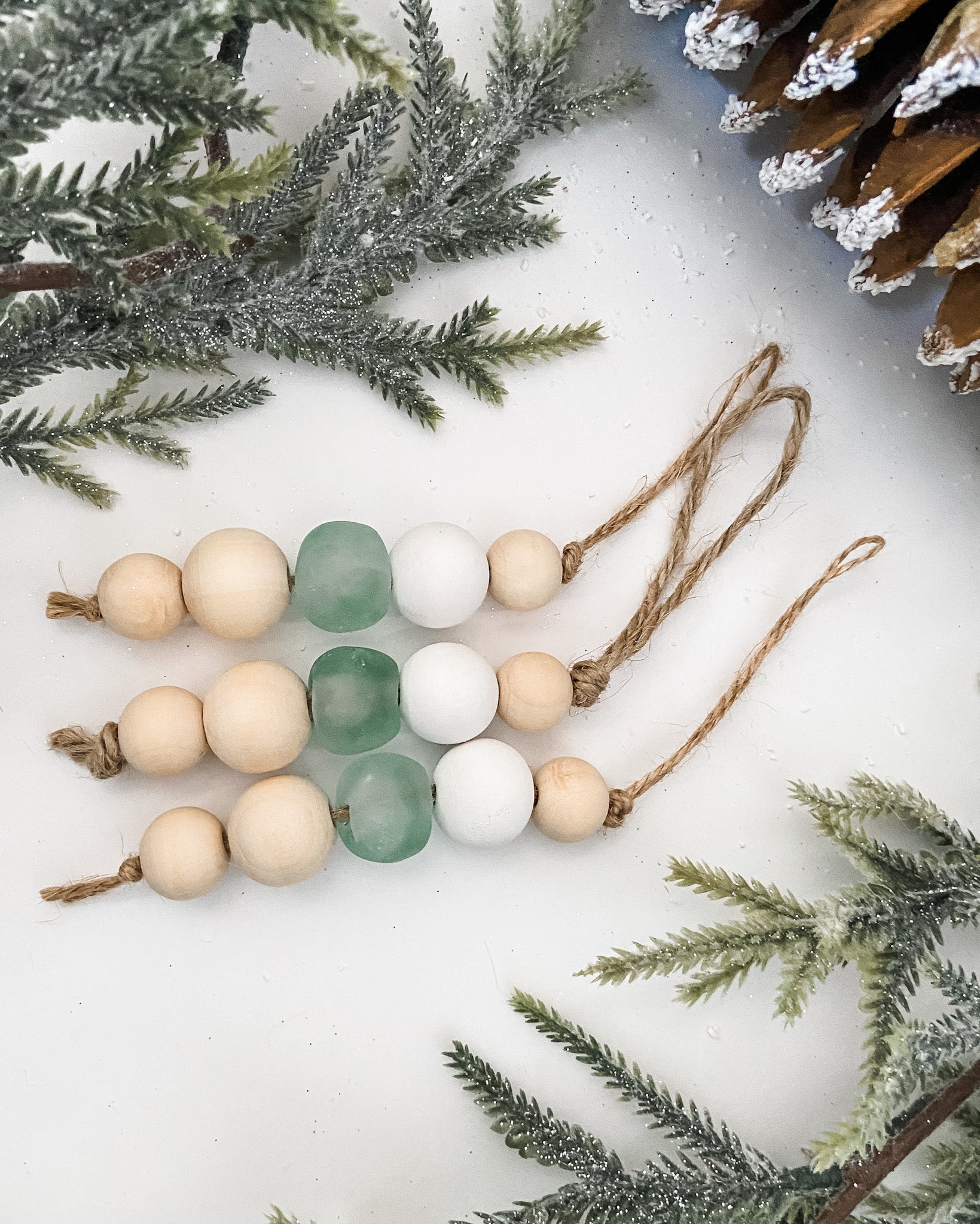 Sea Glass, White and Natural Wooden Bead Ornament - Salt and Branch